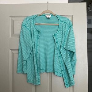 Talbots Button Up Cardigan Sweater Green and White Stripped Size XL